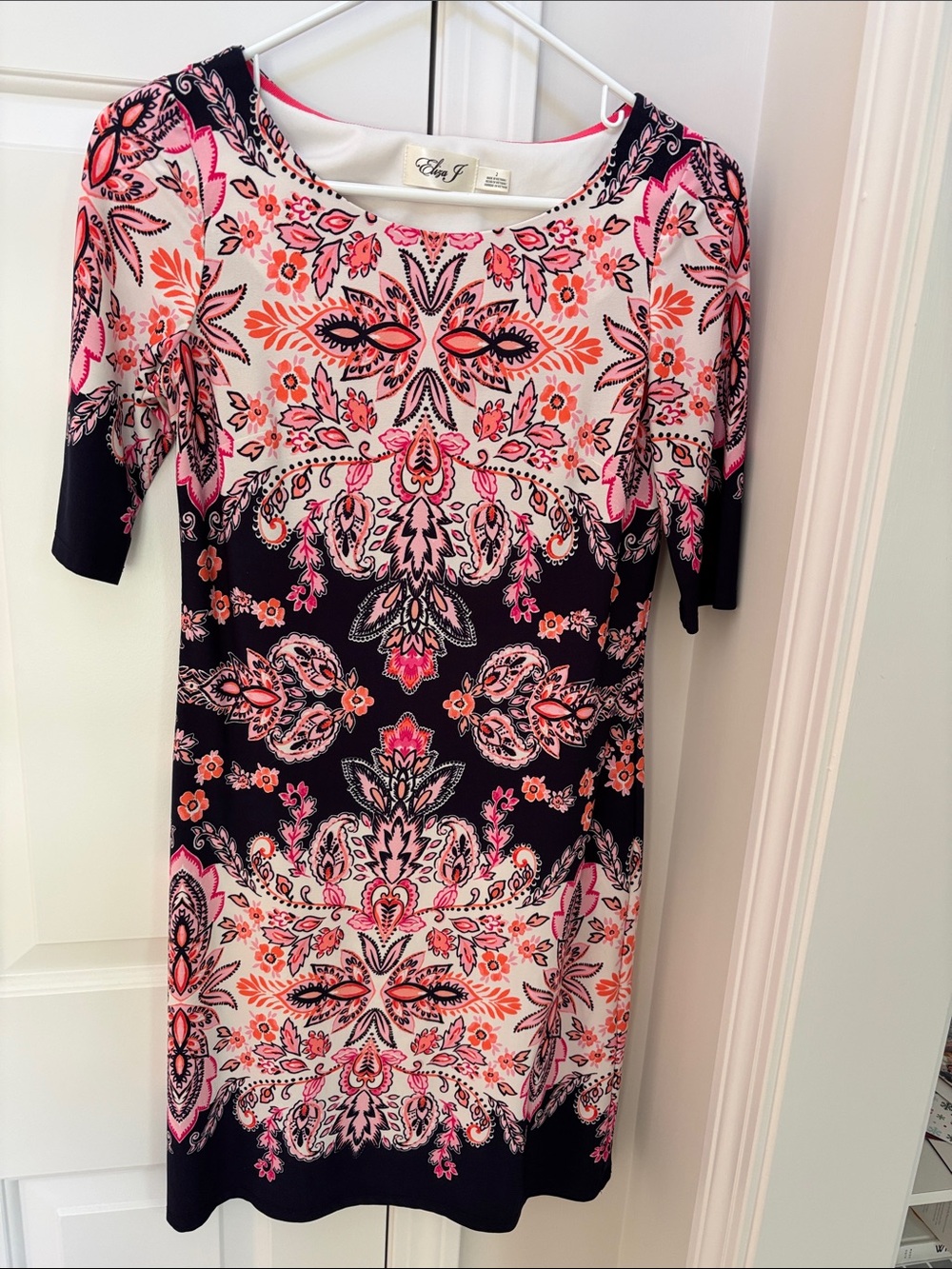 Eliza J Navy, Pink & Coral Printed Midi Sheath Dress Size 2